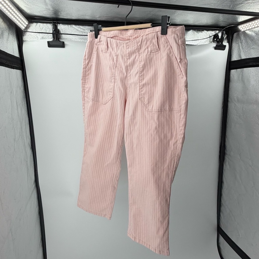 Pink‎ White Pinstripe Capri Pants Mid Rise Straight Leg Cropped Trousers Pink